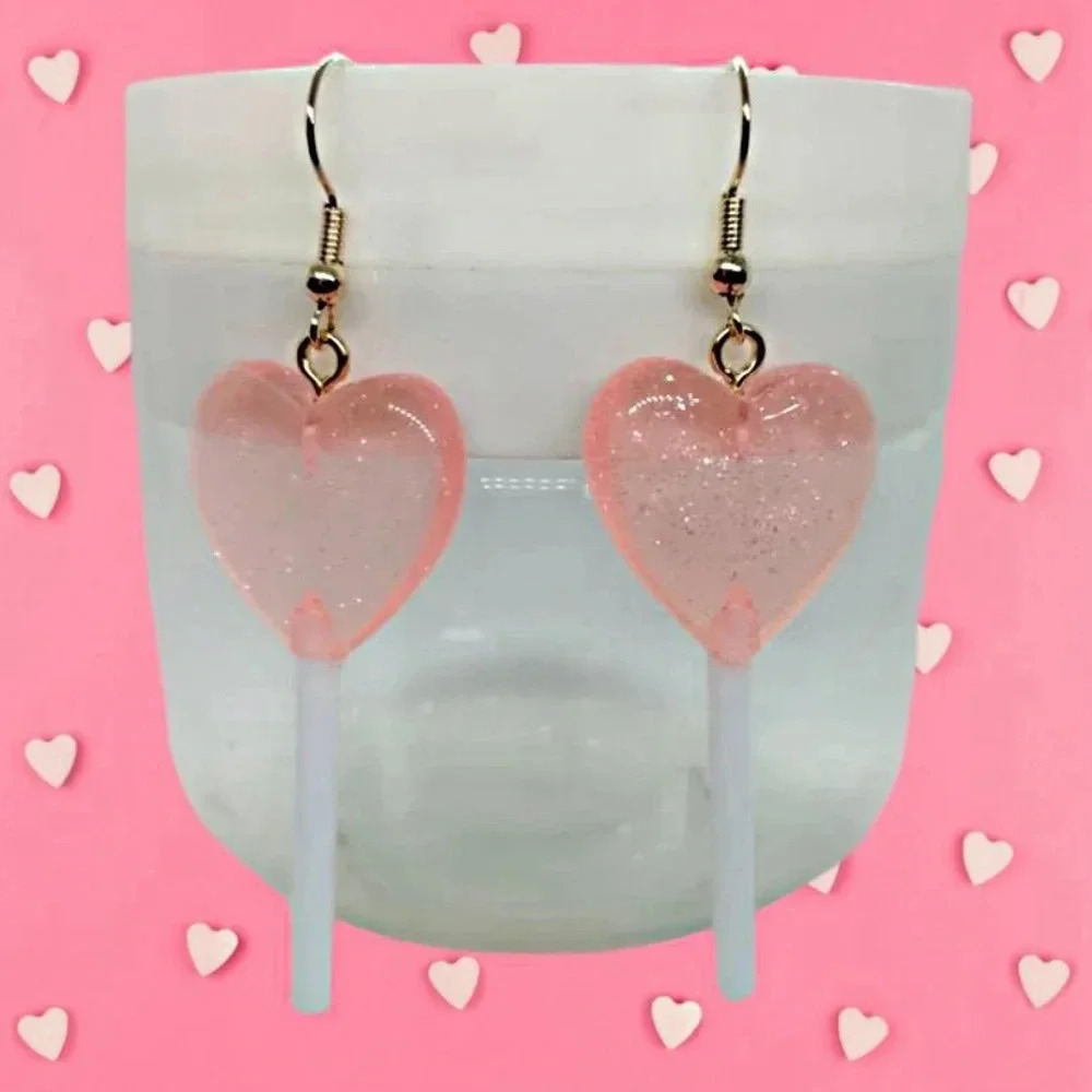 Heart Shaped Glitter Lollipop Resin Acrylic Hook Dangle Earrings NEW